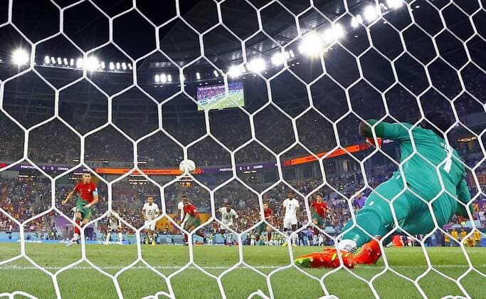 Football World Cup in Qatar Portugal s Cristiano Ronaldo (L) scores a penalty during the second half of a World Cup Group H football match against Ghana at Stadium 974 in Doha, Qatar, on Nov. 24, 2022.  A14AA0001362144P 