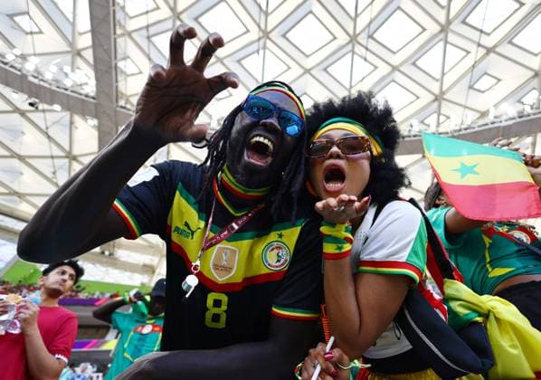 Doha, Qatar, 25th November 2022. Senegal fans during the FIFA World Cup, WM, Weltmeisterschaft, Fussball 2022 match at Al Thumama Stadium, Doha. Picture credit should read: David Klein Sportimage EDITORIAL USE ONLY. No use with unauthorised audio, video, data, fixture lists, club league logos or live services. Online in-match use limited to 120 images, no video emulation. No use in betting, games or single club league player publications. SPI-2064-0001