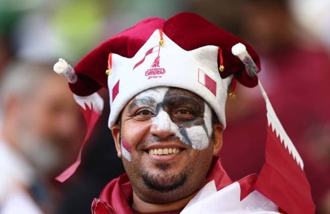 Doha, Qatar, 25th November 2022. Qatar fan during the FIFA World Cup, WM, Weltmeisterschaft, Fussball 2022 match at Al Thumama Stadium, Doha. Picture credit should read: David Klein Sportimage EDITORIAL USE ONLY. No use with unauthorised audio, video, data, fixture lists, club league logos or live services. Online in-match use limited to 120 images, no video emulation. No use in betting, games or single club league player publications. SPI-2064-0027