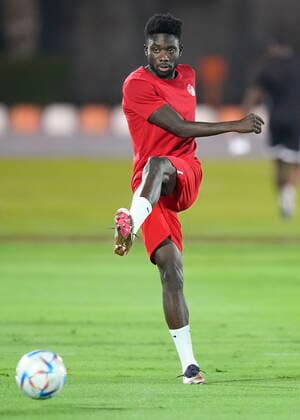 November 25, 2022, DOHA, QATAR: Canada star Alphonso Davies kicks the ball during practice at the World Cup in Doha, Qatar, Friday, Nov. 25, 2022. Canada News - November 25, 2022  - ZUMAc35_ 20221125_zaf_c35_029 Copyright: xNathanxDenettex