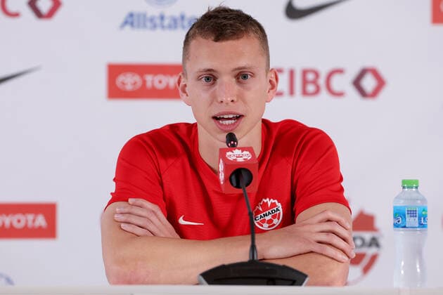 press conference, PK, Pressekonferenz of Canadian national football team Alistair Johnston during the Canadian National Soccer Team press conference at the Umm Salal Club in Doha, Qatar on November 25, 2022. IgorxKralj PIXSELL
