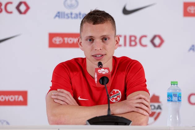 press conference, PK, Pressekonferenz of Canadian national football team Alistair Johnston during the Canadian National Soccer Team press conference at the Umm Salal Club in Doha, Qatar on November 25, 2022. IgorxKralj PIXSELL