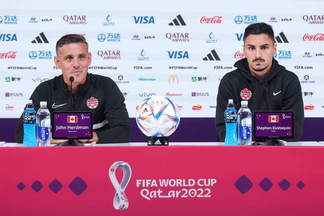 PXL_Canada press conference, PK, Pressekonferenz Coach John Herdman and player Stephen Eustaquio during the Canadian National Soccer Team press conference at the Qatar National Convention Centre in Doha, Qatar on November 26, 2022. IgorxKralj PIXSELL