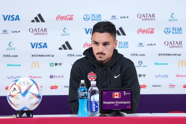 PXL_Canada press conference, PK, Pressekonferenz Player Stephen Eustaquio during the Canadian National Soccer Team press conference at the Qatar National Convention Centre in Doha, Qatar on November 26, 2022. IgorxKralj PIXSELL