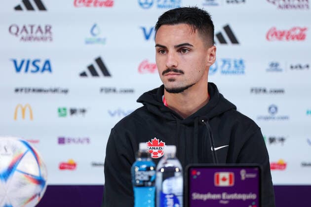 PXL_Canada press conference, PK, Pressekonferenz Player Stephen Eustaquio during the Canadian National Soccer Team press conference at the Qatar National Convention Centre in Doha, Qatar on November 26, 2022. IgorxKralj PIXSELL