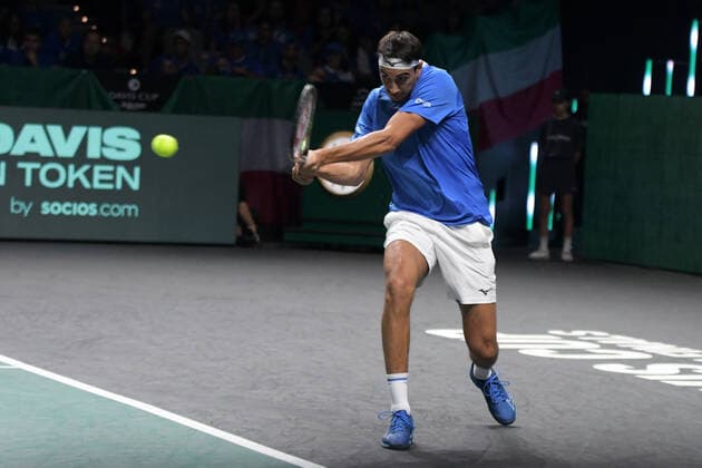 MALAGA, SPAIN - NOVEMBER 26 : Lorenzo Sonego during the Davis Cup by Rakuten Finals 2022 semi-finals match between Italy and Canada at Palacio de los Deportes Jose Maria Martin Carpena on November 24, 2022 in Malaga, Spain Copyright: xAndreaxRositox DSC_0003