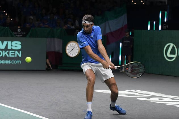 MALAGA, SPAIN - NOVEMBER 26 : Lorenzo Sonego during the Davis Cup by Rakuten Finals 2022 semi-finals match between Italy and Canada at Palacio de los Deportes Jose Maria Martin Carpena on November 24, 2022 in Malaga, Spain Copyright: xAndreaxRositox DSC_0002