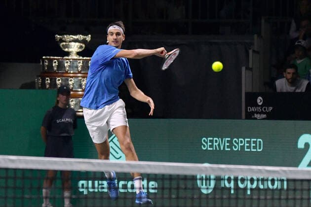 MALAGA, SPAIN - NOVEMBER 26 : Lorenzo Sonego during the Davis Cup by Rakuten Finals 2022 semi-finals match between Italy and Canada at Palacio de los Deportes Jose Maria Martin Carpena on November 24, 2022 in Malaga, Spain Copyright: xAndreaxRositox DSC_0176