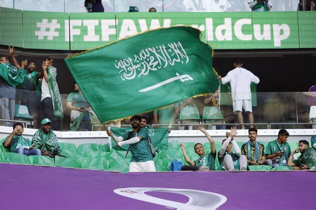 Football World Cup in Qatar Saudi Arabia supporters cheer ahead of a World Cup Group C football match against Poland at Education City Stadium in Al Rayyan, Qatar, on Nov. 26, 2022.  A14AA0001363384P 