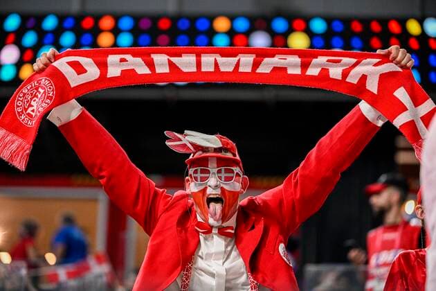 DOHA, QATAR - NOVEMBER 26 : Illustration picture of Danish fans during the FIFA World Cup, WM, Weltmeisterschaft, Fussball Qatar 2022 Group D match between France and Denmark at the Stadium 974 on November 26, 2022 in Doha, Qatar, 26 11 2022 ( France v Denmark - FIFA World Cup Qatar 2022 PhotoNews Panoramic 