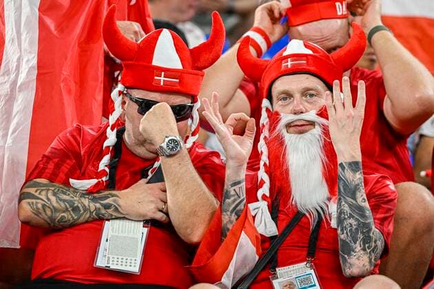 DOHA, QATAR - NOVEMBER 26 : Illustration picture of Danish fans during the FIFA World Cup, WM, Weltmeisterschaft, Fussball Qatar 2022 Group D match between France and Denmark at the Stadium 974 on November 26, 2022 in Doha, Qatar, 26 11 2022 ( France v Denmark - FIFA World Cup Qatar 2022 PhotoNews Panoramic 