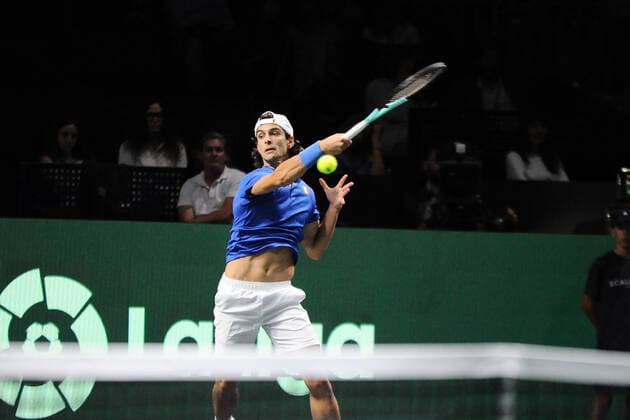 MALAGA, SPAIN - NOVEMBER 26 : Lorenzo Musetti during the Davis Cup by Rakuten Finals 2022 semi-finals match between Italy and Canada at Palacio de los Deportes Jose Maria Martin Carpena on November 24, 2022 in Malaga, Spain Copyright: xAndreaxRositox DSC_4307