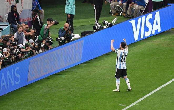 Football, Men, 2022 23 season, World Cup in Qatar, Group C 2 match day , Argentina Mexico at Lusail Iconic Stadium in Lusail, Lionel Messi Argentina , cheering after goal to 1 0, 26 11 2022, Copyright: xMatthiasxKochx