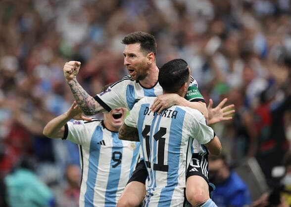 26th November 2022; Lusail Iconic Stadium, Lusail, Qatar; FIFA World Cup, WM, Weltmeisterschaft, Fussball Football, Argentina versus Mexico; Lionel Messi of Argentina celebrates scoring his sides 1st goal 1st goal in the 64th minute to make it 1-0 with Angel Di Maria of Argentina  ActionPlus12453380 JohnxPatrickxFletcher