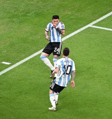 Football, Men, Season 2022 23, World Cup in Qatar, Group C 2 Matchday , Argentina Mexico at Lusail Iconic Stadium in Lusail, f l Enzo Fernandez Argentina , Lionel Messi Argentina , cheering after goal to 2 0, 26 11 2022, Copyright: xMatthiasxKochx