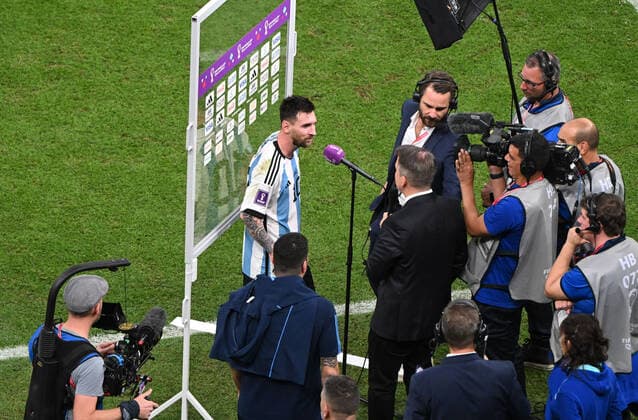 Football, Men, 2022 23 season, World Cup in Qatar, Group C 2 match day , Argentina Mexico at Lusail Iconic Stadium in Lusail, Lionel Messi Argentina interviewed after the match, 26 11 2022, Copyright: xMatthiasxKochx