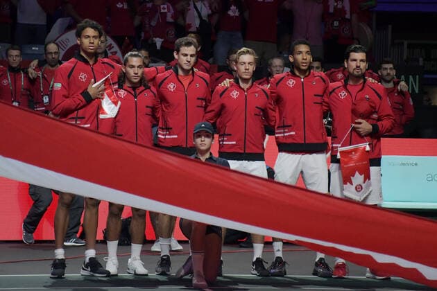 RECORD DATE NOT STATED MALAGA, SPAIN - NOVEMBER 27 : Team Canada during the Davis Cup by Rakuten Finals 2022 finals match between Australia and Canada at Palacio de los Deportes Jose Maria Martin Carpena on November 27, 2022 in Malaga, Spain Copyright: xAndreaxRositox DSC_2345