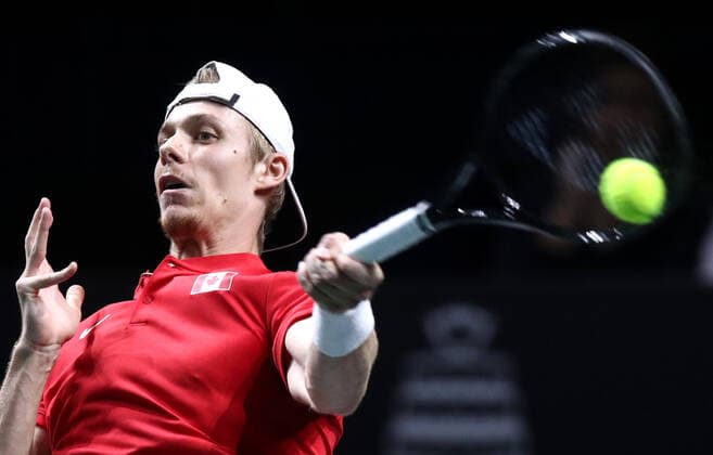 Day Six - Davis Cup Finals 2022 MALAGA, SPAIN - NOVEMBER 27: Denis Shapovalov of Canada returns a ball to Thanasi Kokkinakis of Australia during the Davis Cup by Rakuten Finals 2022 Final match between Australia and Canada at Palacio de los Deportes Jose Maria Martin Carpena on November 27, 2022 in Malaga, Spain. SanjinxStrukic PIXSELL