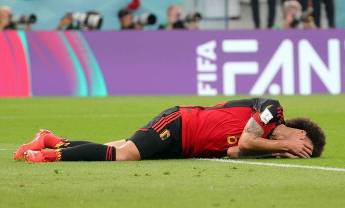 Belgium s Axel Witsel lays down after the cancelled goal during a soccer game between Belgium s national team, Nationalteam the Red Devils and Morocco, in Group F of the FIFA 2022 World Cup in Al Thumama Stadium, Doha, State of Qatar on Sunday 27 November 2022. VIRGINIExLEFOUR  x54141056x