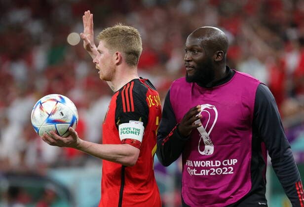 Belgium s Kevin De Bruyne and Belgium s Romelu Lukaku pictured at a soccer game between Belgium s national team, Nationalteam the Red Devils and Morocco, in Group F of the FIFA 2022 World Cup in Al Thumama Stadium, Doha, State of Qatar on Sunday 27 November 2022. VIRGINIExLEFOUR  x54143864x