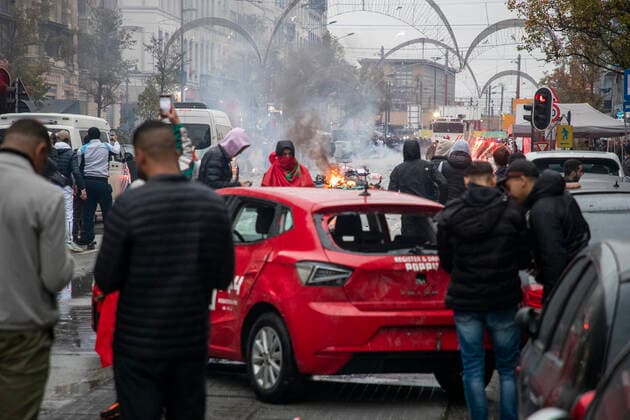 Illustration picture shows incidents during the celebrations of Moroccan supporters and police forces present in the center of Brussels, during a soccer game between Belgium s national team, Nationalteam the Red Devils and Morocco, in Group F of the FIFA 2022 World Cup, on Sunday 27 November 2022. NICOLASxMAETERLINCK  x54153247x