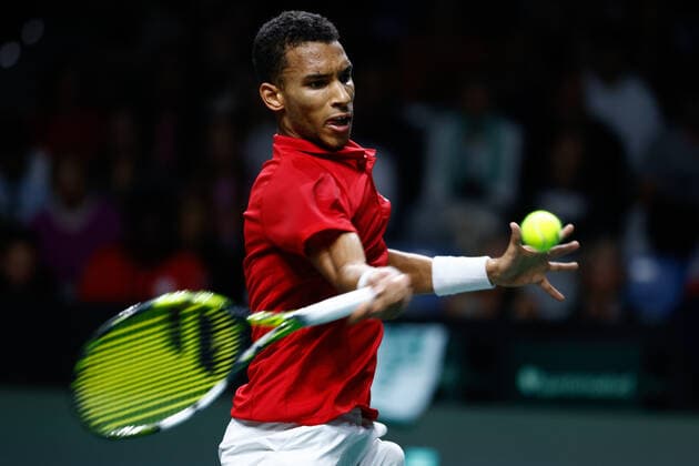 November 27, 2022, MALAGA, MALAGA, SPAIN: Felix Auger-Aliassime of Canada in action against Alex de Minaur of Australia during the second tennis match from Davis Cup Finals 2022, Finals round, played between Canada and Australia at Palacio de Deportes Martin Carpena pavilion on november 27, 2022, in Malaga, Spain. MALAGA SPAIN - ZUMAa181 20221127_zaa_a181_053 Copyright: xOscarxJ.xBarrosox
