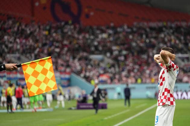 (221127) -- DOHA, Nov. 27, 2022 -- Andrej Kramaric of Croatia reacts for his disallowed goal during the Group F match between Croatia and Canada at the 2022 FIFA World Cup, WM, Weltmeisterschaft, Fussball at Khalifa International Stadium in Doha, Qatar, Nov. 27, 2022. ) (SP)QATAR-DOHA-2022 WORLD CUP-GROUP F-CRO VS CAN MengxDingbo 