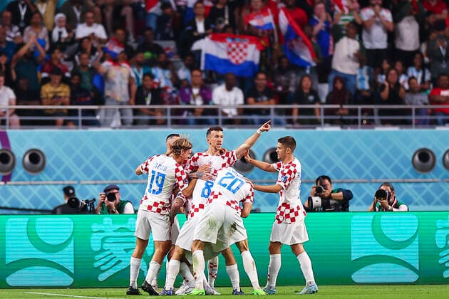 (221127) -- DOHA, Nov. 27, 2022 -- Players of Coratia celebrate for their goal during the Group F match between Croatia and Canada at the 2022 FIFA World Cup, WM, Weltmeisterschaft, Fussball at Khalifa International Stadium in Doha, Qatar, Nov. 27, 2022. ) (SP)QATAR-DOHA-2022 WORLD CUP-GROUP F-CRO VS CAN DingxXu 