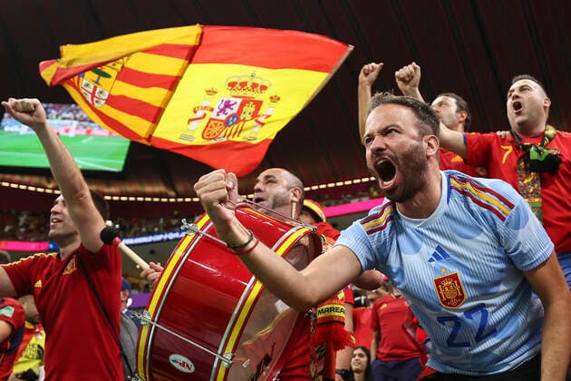 (221127) -- AL KHOR, Nov. 27, 2022 -- Fans react before the Group E match between Spain and Germany at the 2022 FIFA World Cup, WM, Weltmeisterschaft, Fussball at Al Bayt Stadium in Al Khor, Qatar, Nov. 27, 2022. ) (SP)QATAR-AL KHOR-2022 WORLD CUP-GROUP E-ESP VS GER LanxHongguang 