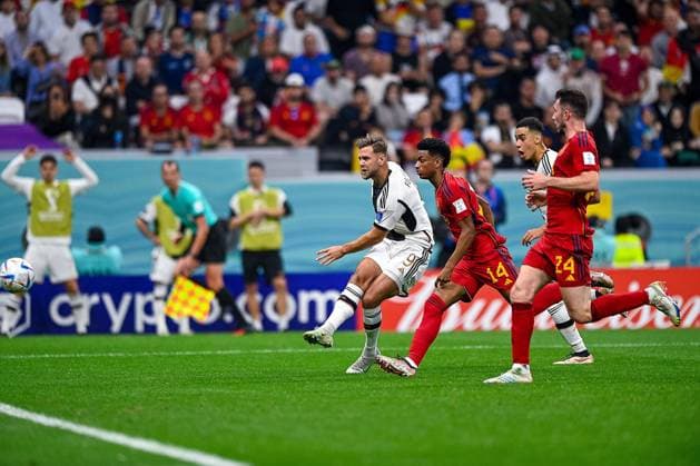 AL KHOR, QATAR - NOVEMBER 28: Niclas Fullkrug of Germany scores his sides first goal during the Group E - FIFA World Cup, WM, Weltmeisterschaft, Fussball Qatar 2022 match between Spain and Germany at the Al Bayt Stadium on November 28, 2022 in Al Khor, Qatar  Copyright: xEibner-PressefotoxInternational PabloxMoranox EP_BSR 221128_EP_GER_BSR0107