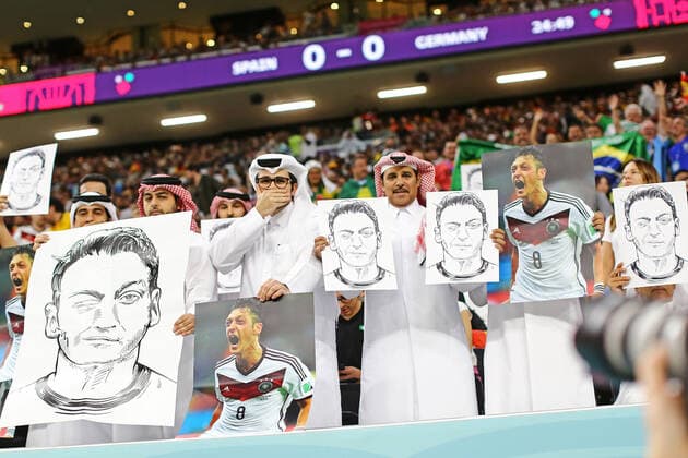 Qatar fans, protest with photos of former Germany player Mesut Ozil, during the match between Spain and Germany, for the 2nd round of Group E of the FIFA World Cup, WM, Weltmeisterschaft, Fussball Qatar 2022, Al Bayt Stadium this Sunday 27. 30761 (Heuler Andrey SPP)  Copyright: xHeulerxAndreyx xSPPx spp-en-HeAn-HADE0504