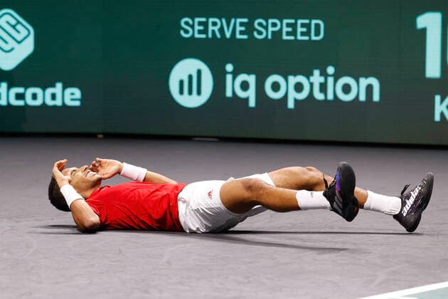 Felix Auger Aliassime CAN cheers after victory, jubilation, joy, emotion, Davis Cup Final 2022, Palacio de Deportes JosÃ Copyright: xJuergenxHasenkopfx