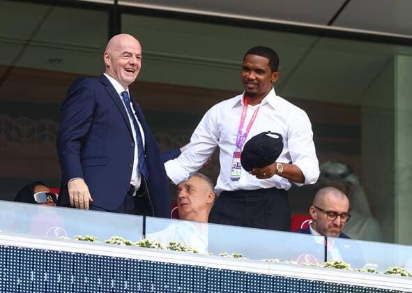 Mandatory Credit: Photo by Kieran McManus Shutterstock (13634916l) FIFA President Gianni Infantino and former Cameroon player Samuel Eto o Cameroon v Serbia, FIFA World Cup, WM, Weltmeisterschaft, Fussball 2022, Group G, Football, Al Janoub Stadium, Al Wakrah, Qatar - 28 Nov 2022 Editorial Use Only Cameroon v Serbia, FIFA World Cup 2022, Group G, Football, Al Janoub Stadium, Al Wakrah, Qatar - 28 Nov 2022 Editorial Use Only  Copyright: xKieranxMcManus Shutterstockx 13634916l