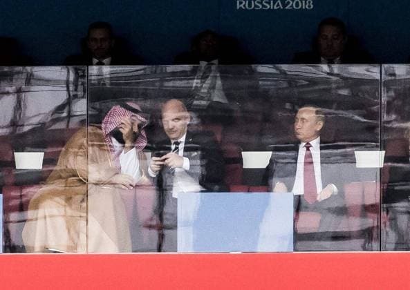 2018 FIFA World Cup, WM, Weltmeisterschaft, Fussball Saudi Crown Prince Mohammed bin Salman, FIFA president Gianni Infantino, Russias president Vladimir Putin watching Russia - Saudi Arabia 5-0 at Luzhniki stadium, Moscow, Russia 2018-06-14 (c) ORRE PONTUS Aftonbladet IBL Bildbyra * * * EXPRESSEN OUT * * * AFTONBLADET 85527 Saudiarabiens kronprins Mohammed bin Salman, Fifas president Gianni Infantino, Rysslands president Vladimir Putin tillsammans pa Luzhniki stadium, Moskva, Ryssland, Fotbolls-VM 2018 Ryssland - Saudiarabien 5-0 2018-06-14 Moscow Russia roy x2512x *** 2018 FIFA World CUP Saudi Crown Prince Mohammed bin Salman, FIFA president Gianni Infantino, Russias president Vladimir Putin watching Russia Saudi Arabia 5 0 at Luzhniki stadium, Moscow, Russia 2018 06 14 c ORRE PONTUS Aftonbladet IBL Bildbyra EXPRESSEN OUT AFTONBLADET 85527 Saudi Arabias Crown Prince Mohammed bin Salman, Fifa President Gianni Infantino, Russian President Vladimir Putin together at Luzhniki stadium, Moscow, Russia, Football World Cup 2018 Russia Saudi Arabia 5 0 2018 06 14 Moscow Russia roy x2512x  Copyright: xPontusxOrre Aftonbladet TTx 2018 FIFA World CUP