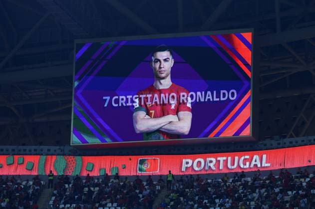 Doha, Qatar, 28th November 2022. Cristiano Ronaldo of Portugal is announced on the stadium large screen during the FIFA World Cup, WM, Weltmeisterschaft, Fussball 2022 match at Lusail Stadium, Doha. Picture credit should read: David Klein Sportimage EDITORIAL USE ONLY. No use with unauthorised audio, video, data, fixture lists, club league logos or live services. Online in-match use limited to 120 images, no video emulation. No use in betting, games or single club league player publications. SPI-2070-0024