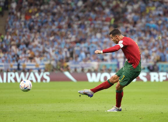 (221128) -- LUSAIL, Nov. 28, 2022 -- Cristiano Ronaldo of Portugal shoots during the Group H match between Portugal and Uruguay at the 2022 FIFA World Cup, WM, Weltmeisterschaft, Fussball at Lusail Stadium in Lusail, Qatar, Nov. 28, 2022. ) (SP)QATAR-LUSAIL-2022 WORLD CUP-GROUP H-POR VS URU CaoxCan 