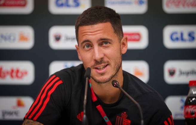 Belgium s Eden Hazard pictured during a press conference, PK, Pressekonferenz of the Belgian national soccer team the Red Devils, at the Salwa Beach Resort, State of Qatar, Tuesday 29 November 2022. The Red Devils are preparing for the upcoming game at the FIFA 2022 World Cup in Qatar. VIRGINIExLEFOUR  x54224254x