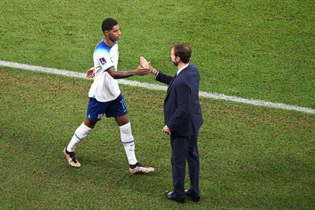 Football, men, 2022 23 season, World Cup in Qatar, Group B matchday 3 , Wales England at Ahmed bin Ali Stadium in Ar Rayyan, v l Marcus Rashford England, 11 and Gareth Southgate England, coach head coach , 29 11 2022, Copyright: xMatthiasxKochx