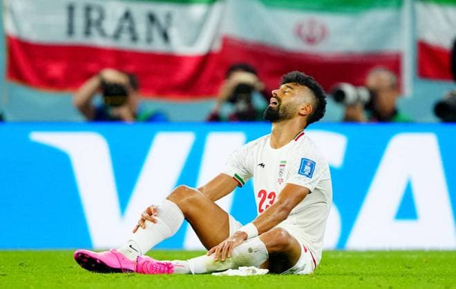 Mandatory Credit: Photo by Javier Garcia Shutterstock (13640318eg) Ramin Rezaeian of Iran reacts at full time. Iran v USA, FIFA World Cup, WM, Weltmeisterschaft, Fussball 2022, Group B, Football, Al Thumama Stadium, Doha, Qatar - 29 Nov 2022 Editorial Use Only Iran v USA, FIFA World Cup 2022, Group B, Football, Al Thumama Stadium, Doha, Qatar - 29 Nov 2022 Editorial Use Only Copyright: xJavierxGarcia Shutterstockx 13640318eg