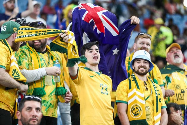Mandatory Credit: Photo by Michael Zemanek Shutterstock (13640327a) Australian fans enjoy the pre-match atmosphere Australia v Denmark, FIFA World Cup, WM, Weltmeisterschaft, Fussball 2022, Group D, Football, Al Janoub Stadium, Al Wakrah, Qatar - 30 Nov 2022 Editorial Use Only Australia v Denmark, FIFA World Cup 2022, Group D, Football, Al Janoub Stadium, Al Wakrah, Qatar - 30 Nov 2022 Editorial Use Only  Copyright: xMichaelxZemanek Shutterstockx 13640327a