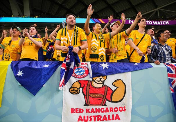 Mandatory Credit: Photo by Michael Zemanek Shutterstock (13640327i) Australian fans Australia v Denmark, FIFA World Cup, WM, Weltmeisterschaft, Fussball 2022, Group D, Football, Al Janoub Stadium, Al Wakrah, Qatar - 30 Nov 2022 Editorial Use Only Australia v Denmark, FIFA World Cup 2022, Group D, Football, Al Janoub Stadium, Al Wakrah, Qatar - 30 Nov 2022 Editorial Use Only  Copyright: xMichaelxZemanek Shutterstockx 13640327i