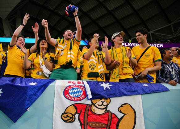 Mandatory Credit: Photo by Michael Zemanek Shutterstock (13640327h) Australian fans Australia v Denmark, FIFA World Cup, WM, Weltmeisterschaft, Fussball 2022, Group D, Football, Al Janoub Stadium, Al Wakrah, Qatar - 30 Nov 2022 Editorial Use Only Australia v Denmark, FIFA World Cup 2022, Group D, Football, Al Janoub Stadium, Al Wakrah, Qatar - 30 Nov 2022 Editorial Use Only  Copyright: xMichaelxZemanek Shutterstockx 13640327h