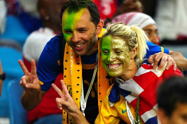 Mandatory Credit: Photo by Javier Garcia Shutterstock (13640323ae) Australian fans Australia v Denmark, FIFA World Cup, WM, Weltmeisterschaft, Fussball 2022, Group D, Football, Al Janoub Stadium, Al Wakrah, Qatar - 30 Nov 2022 Editorial Use Only Australia v Denmark, FIFA World Cup 2022, Group D, Football, Al Janoub Stadium, Al Wakrah, Qatar - 30 Nov 2022 Editorial Use Only  Copyright: xJavierxGarcia Shutterstockx 13640323ae