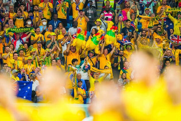Mandatory Credit: Photo by Javier Garcia Shutterstock (13640323ah) Australian fans Australia v Denmark, FIFA World Cup, WM, Weltmeisterschaft, Fussball 2022, Group D, Football, Al Janoub Stadium, Al Wakrah, Qatar - 30 Nov 2022 Editorial Use Only Australia v Denmark, FIFA World Cup 2022, Group D, Football, Al Janoub Stadium, Al Wakrah, Qatar - 30 Nov 2022 Editorial Use Only  Copyright: xJavierxGarcia Shutterstockx 13640323ah