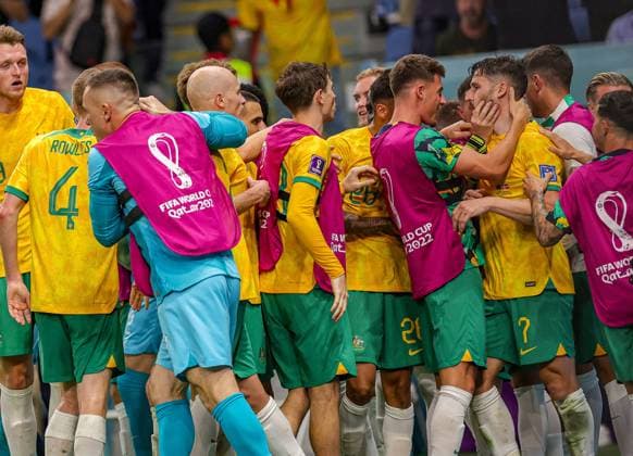 Australia v Denmark 2022 FIFA World Cup, WM, Weltmeisterschaft, Fussball 30 11 2022. Match 37 Goal 1-0 Matthew Leckie (7) of Australia scores a goal and celebrates during the 2022 Fifa World Cup match between Australia and Denmark at Al-Janoub Stadium, Al-Wakrah, Qatar on 30 November 2022. Editorial use only , Copyright: xNigelxKeenex PSI-16416-0017