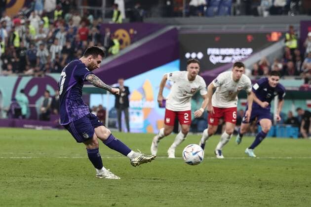 Mandatory Credit: Photo by Michael Zemanek Shutterstock (13640349ab) Lionel Messi of Argentina takes a penalty kick. Poland v Argentina, FIFA World Cup, WM, Weltmeisterschaft, Fussball 2022, Group C, Football, Stadium 974, Doha, Qatar - 30 Nov 2022 Editorial Use Only Poland v Argentina, FIFA World Cup 2022, Group C, Football, Stadium 974, Doha, Qatar - 30 Nov 2022 Editorial Use Only  Copyright: xMichaelxZemanek Shutterstockx 13640349ab
