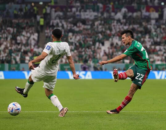 Saudi Arabia v Mexico 2022 FIFA World Cup, WM, Weltmeisterschaft, Fussball Hirving Lozano of Mexicos shot deflects off Sultan Al-Ghanam of Saudi Arabia during the 2022 FIFA World Cup Group C match at Lusail Stadium, Lusail Content Not Available For UK Newspapers Copyright: xPaulxChestertonx FIL-17655-0115 UK Newspapers OUT