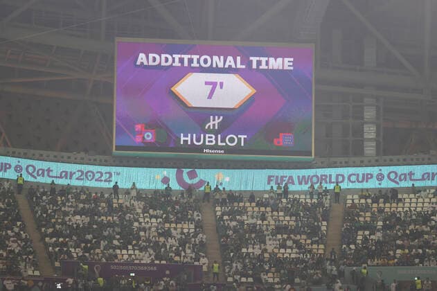 Saudi Arabia v Mexico 2022 FIFA World Cup, WM, Weltmeisterschaft, Fussball Hublot displayed on the scoreboard at the start of seven minutes of additional time during the 2022 FIFA World Cup Group C match at Lusail Stadium, Lusail Content Not Available For UK Newspapers Copyright: xPaulxChestertonx FIL-17655-0183 UK Newspapers OUT