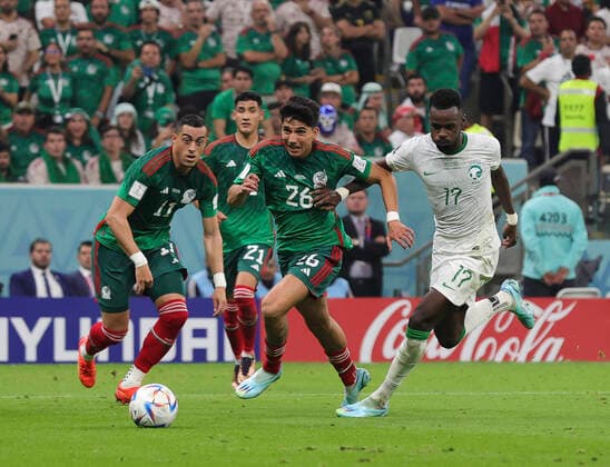 Saudi Arabia v Mexico 2022 FIFA World Cup, WM, Weltmeisterschaft, Fussball Rogelio Funes Mori and Kevin Alvarez of Mexico chase after the ball with pressure from Hassan Tambakti of Saudi Arabia during the 2022 FIFA World Cup Group C match at Lusail Stadium, Lusail Content Not Available For UK Newspapers Copyright: xPaulxChestertonx FIL-17655-0194 UK Newspapers OUT