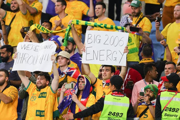 Australian fans with signs celebrate during the FIFA World Cup, WM, Weltmeisterschaft, Fussball Qatar 2022 Group D match between Australia and Denmark at Al Janoub Stadium, Al Wakrah, Qatar on 30 November 2022. Copyright: xPeterxDovganx 34470084